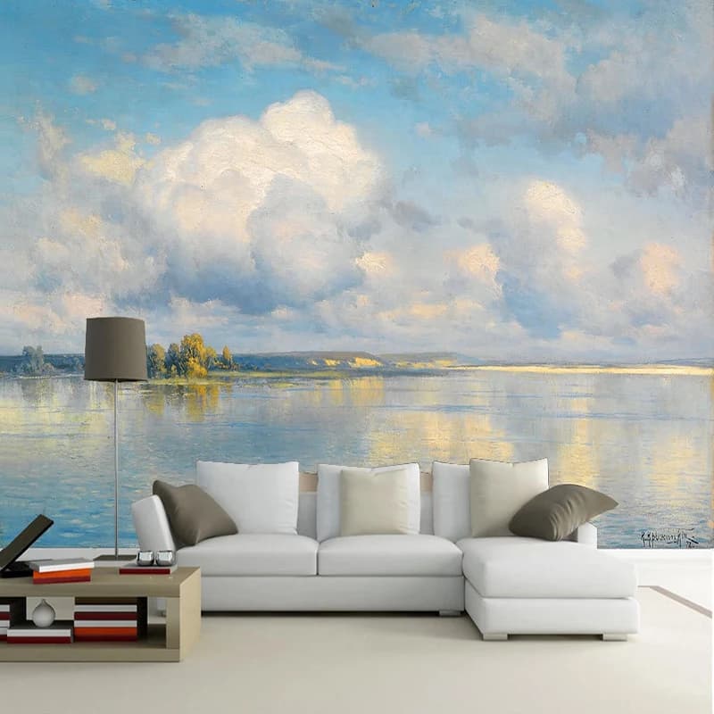 Custom Self-Adhesive Wallpaper Modern Sky Clouds Lake Oil Painting Landscape Mural Living Room TV Theme Hotel Waterproof Sticker