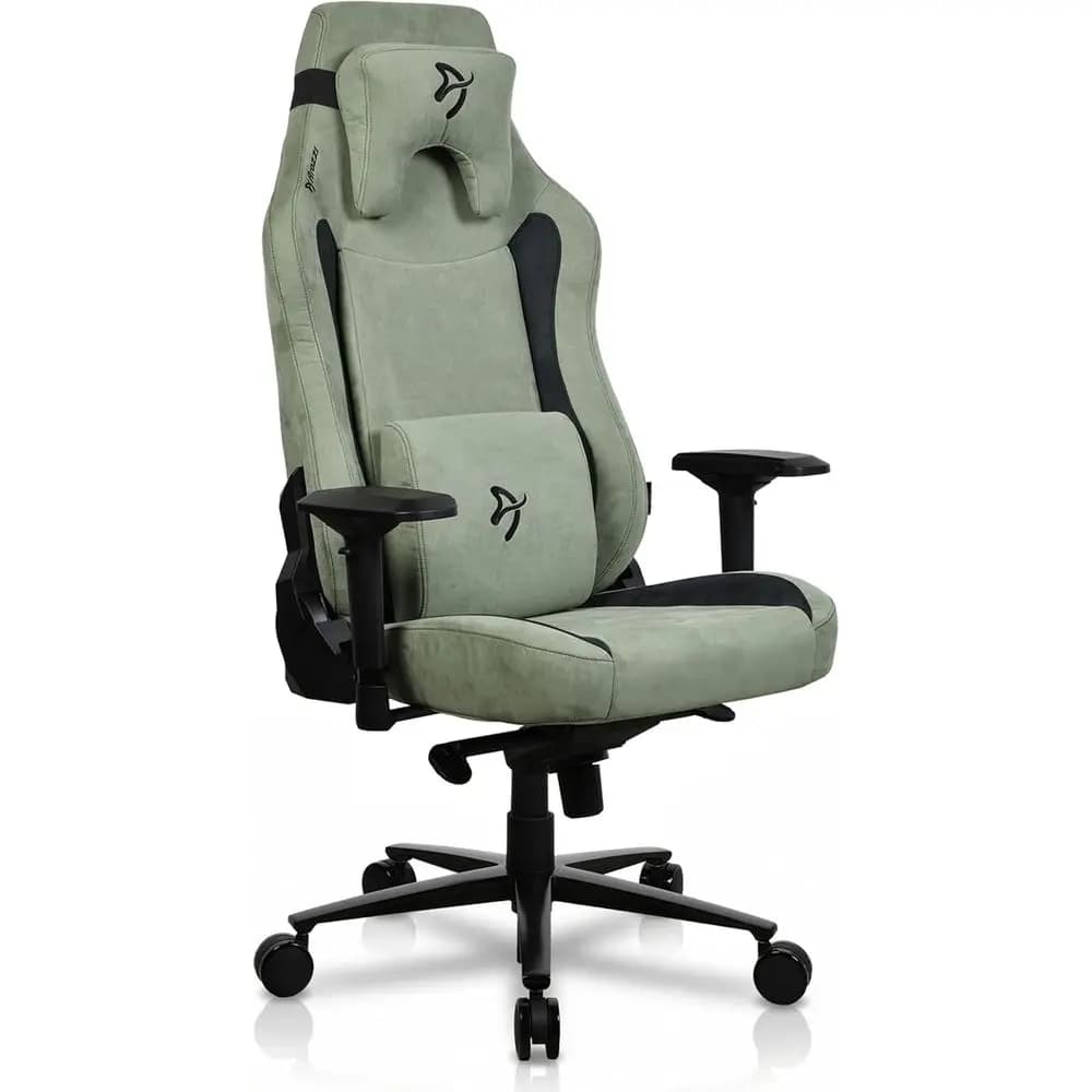 Sage green Scandinavian style ergonomic gaming chair with lumbar and neck support pillows.