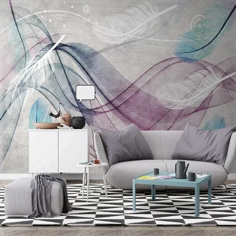 Modern 3D abstract mural with colorful feathers and flowing lines displayed behind a sofa.