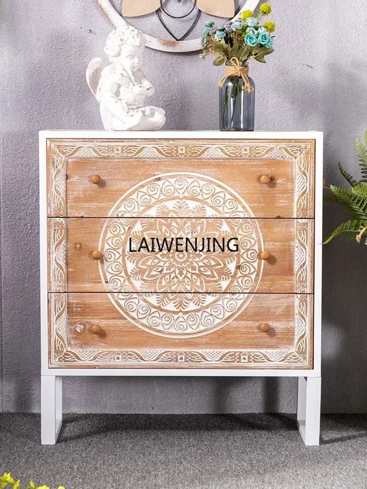 Retro American country style wooden chest with mandala pattern and white wrought iron frame.