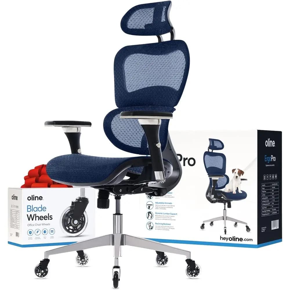 Navy blue mesh ergonomic office chair with headrest and blade wheels