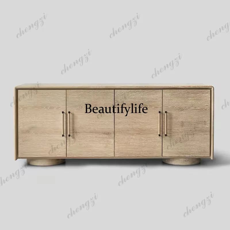 Minimalist solid wood medieval-style cabinet with natural sandy grain finish and four doors.
