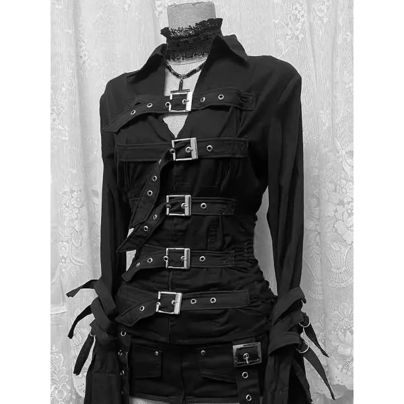 Unique Korean black shirt with multiple front buckle straps and dark style design