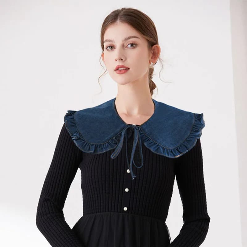 Fashion Denim Pleated Detachable Shawl Collar Female Shoulder Wrap Decorative False Collars Womens Neckwear Accessories