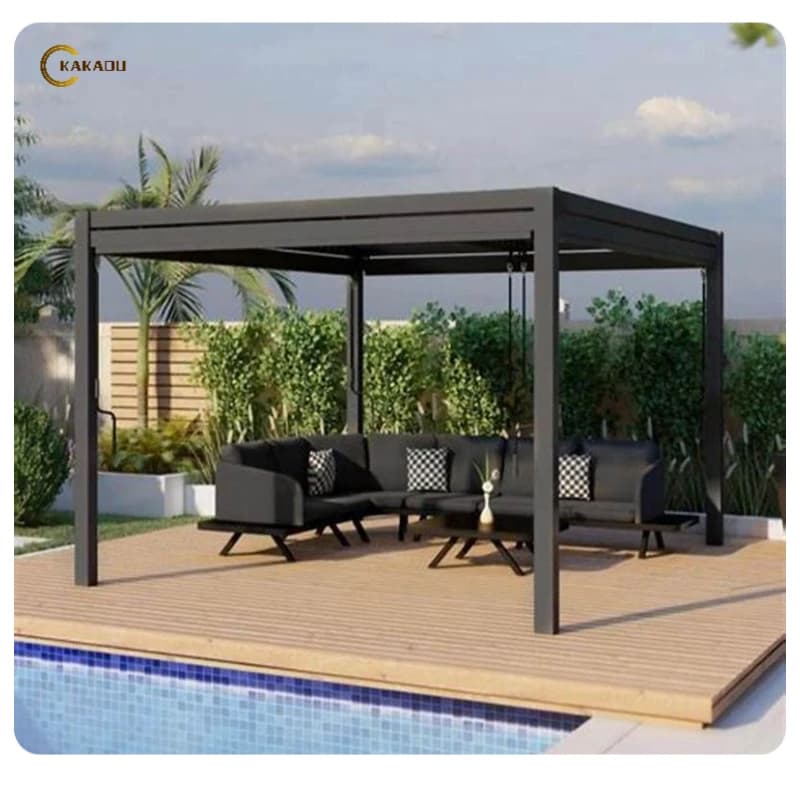 Modern black aluminum louvered pergola installed on a wooden deck next to a pool