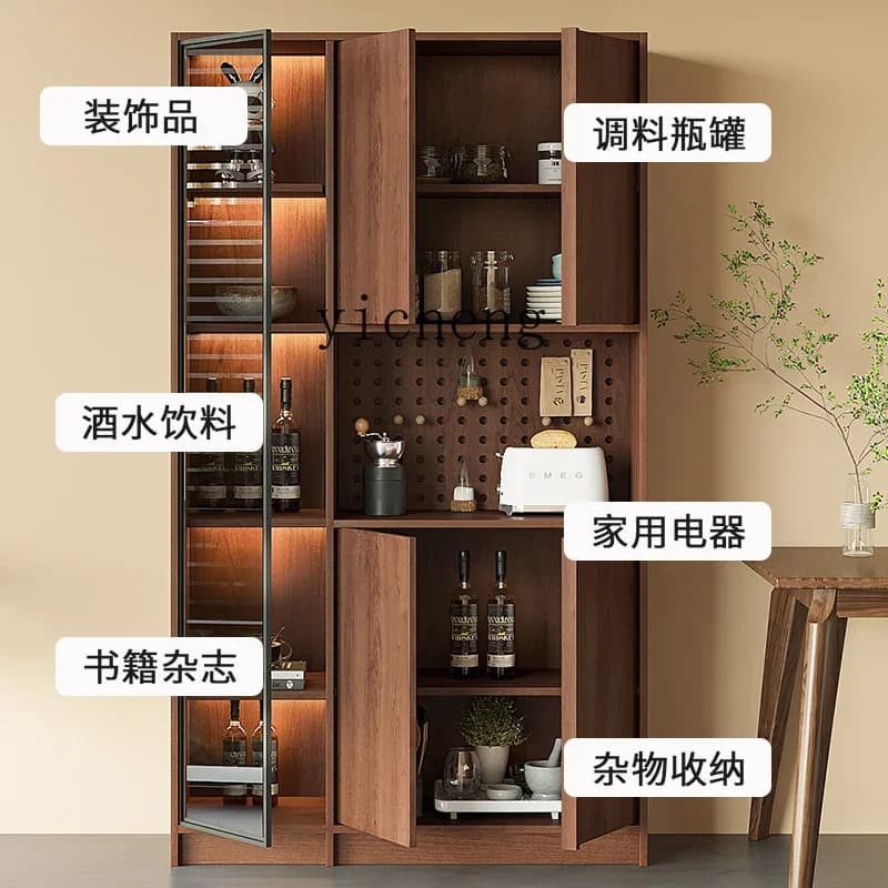 Modern solid wood dining side cabinet with glass door and shelving units