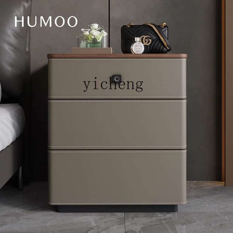 Elegant saddle leather bedside table with integrated fingerprint lock and jewelry storage.