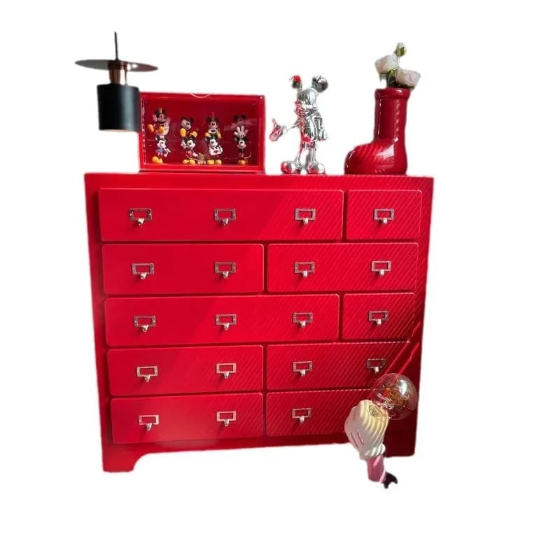 Modern pink solid wood chest with ten drawers and silver hardware against a white background.