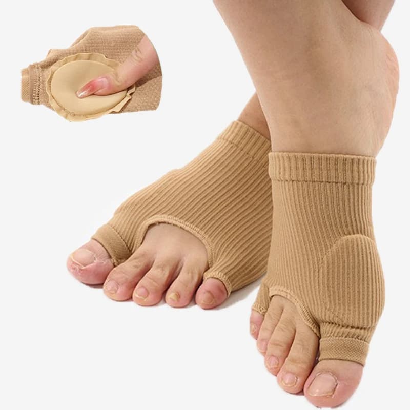 High-elastic bunion protector sleeve worn on feet with a dual-toe separator design.