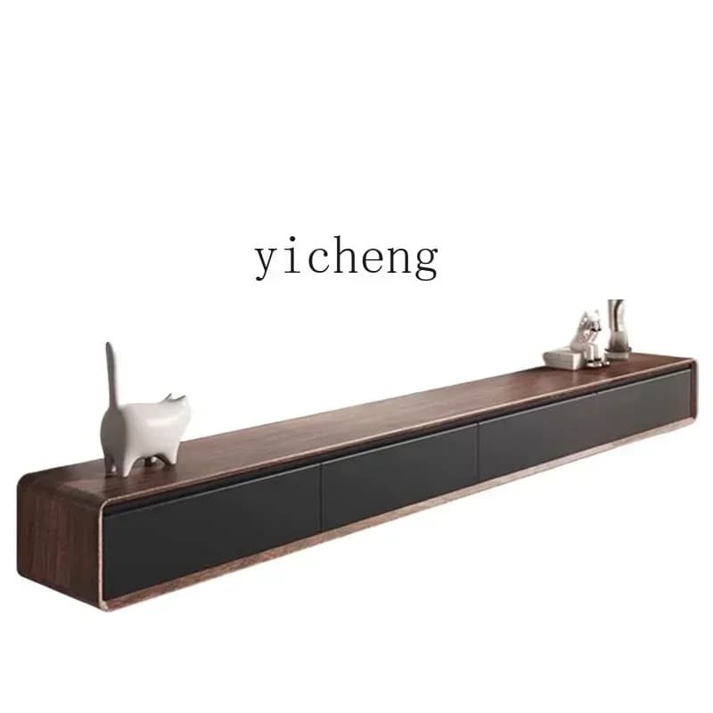 r9.2- all-solid wood suspended wall-mounted TV cabinet walnut black door suspended small apartment hanging model