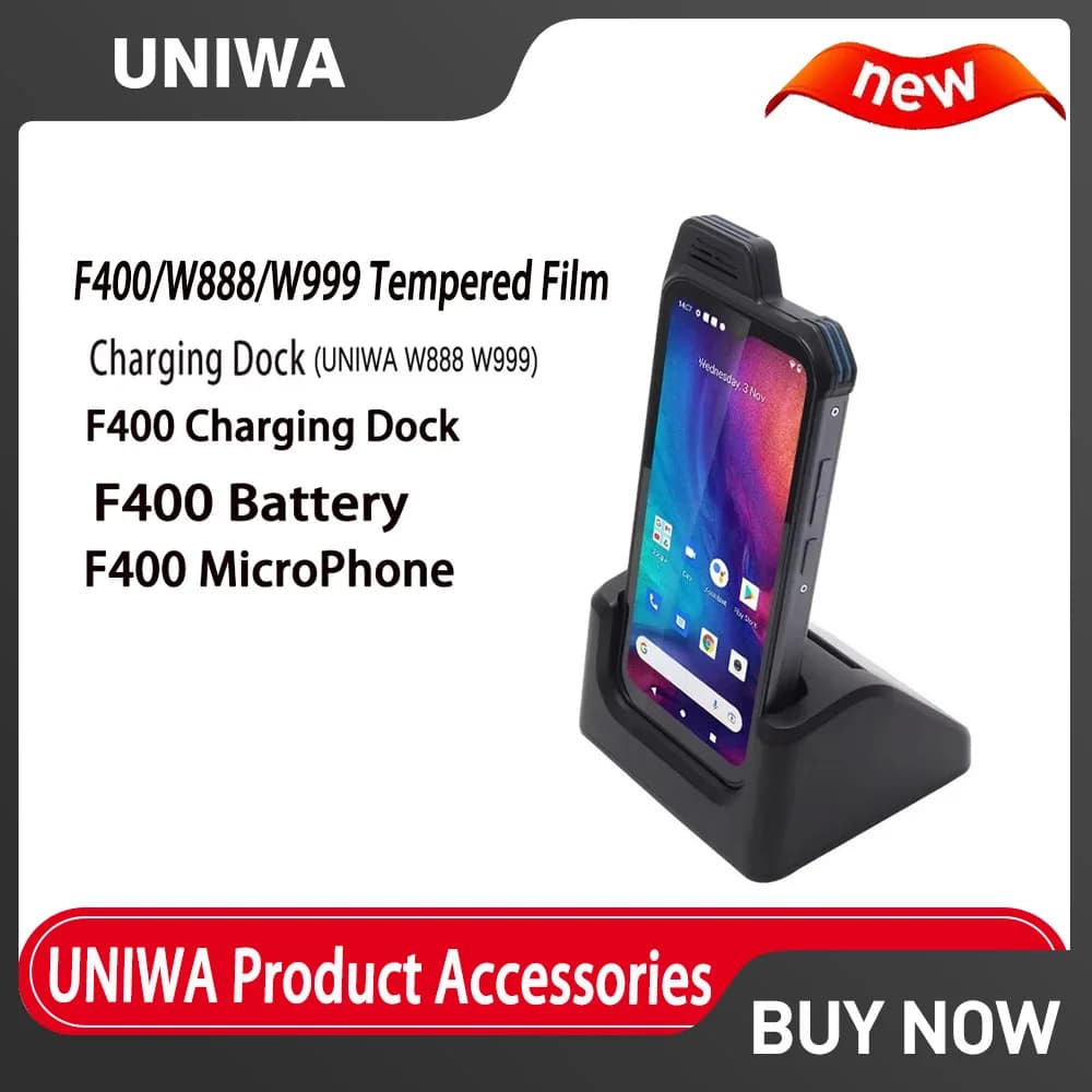 UNIWA device in a black charging dock with text for F400 and W888 accessories.