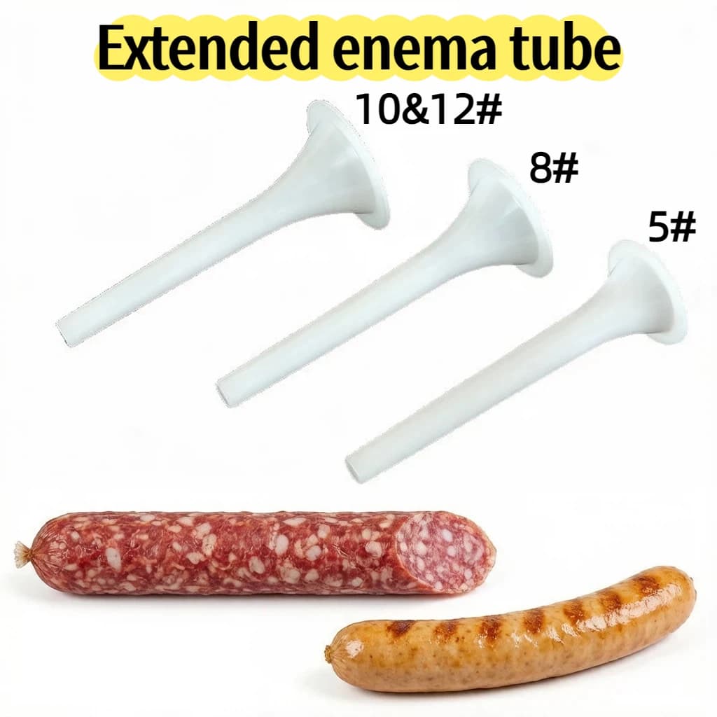 Extended white plastic sausage stuffing funnels for various meat grinder sizes.