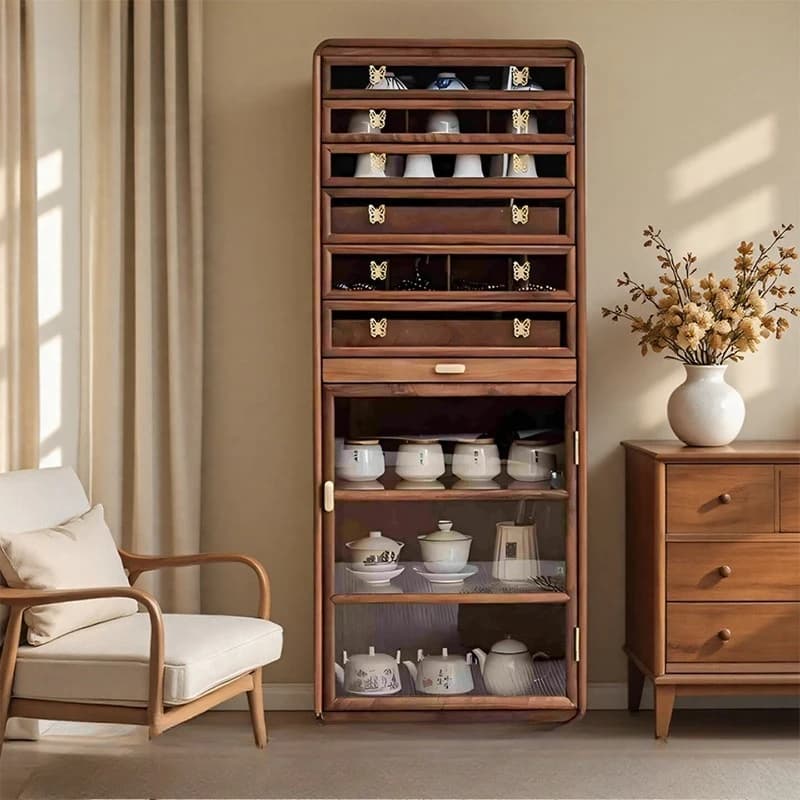 Tall North American black walnut solid wood storage cabinet with glass doors for tea sets and teacups.