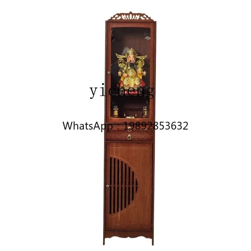 Traditional Chinese vertical wooden shrine cabinet with a God of Wealth statue.