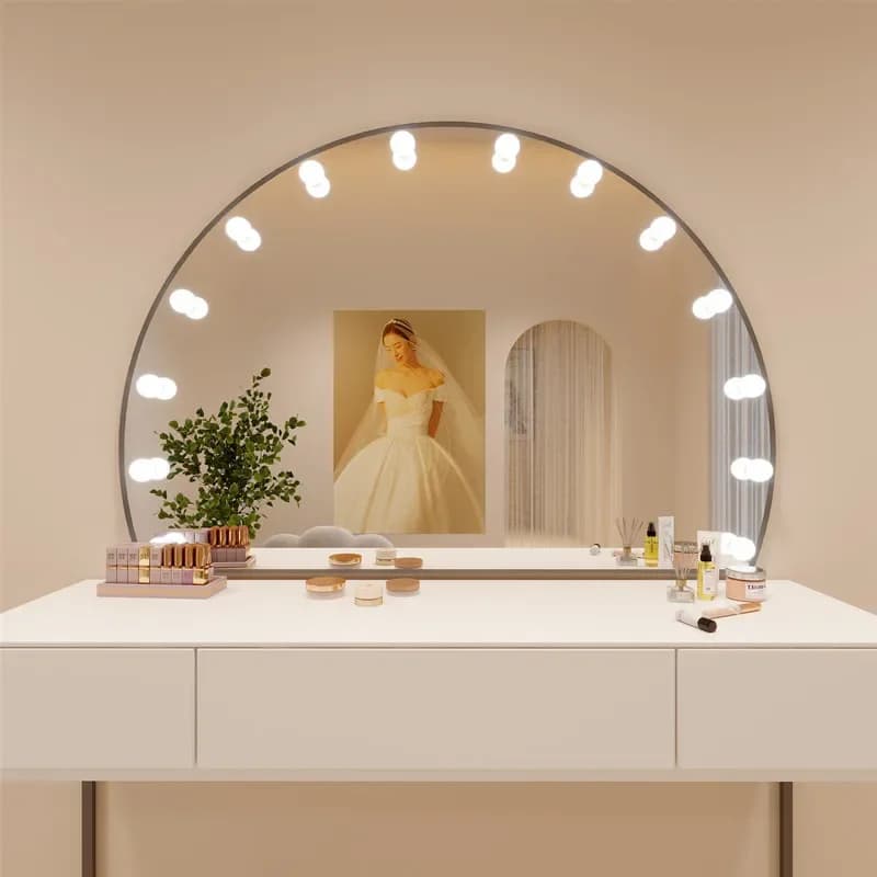 White professional dressing table with a large arched illuminated makeup mirror