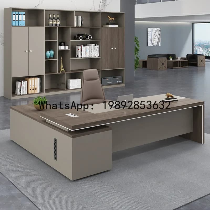 Modern grey and wood executive office desk with ergonomic chair and matching storage cabinet.