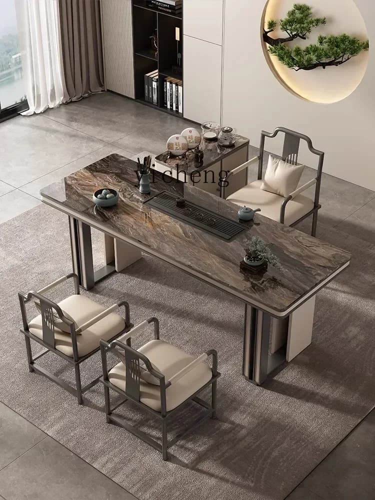Luxury marble-finish rock board tea table with integrated tea tray in a modern interior setting