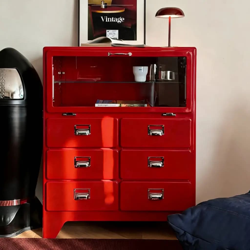 Vibrant red retro Japanese-style iron cabinet with glass display and metal drawers.