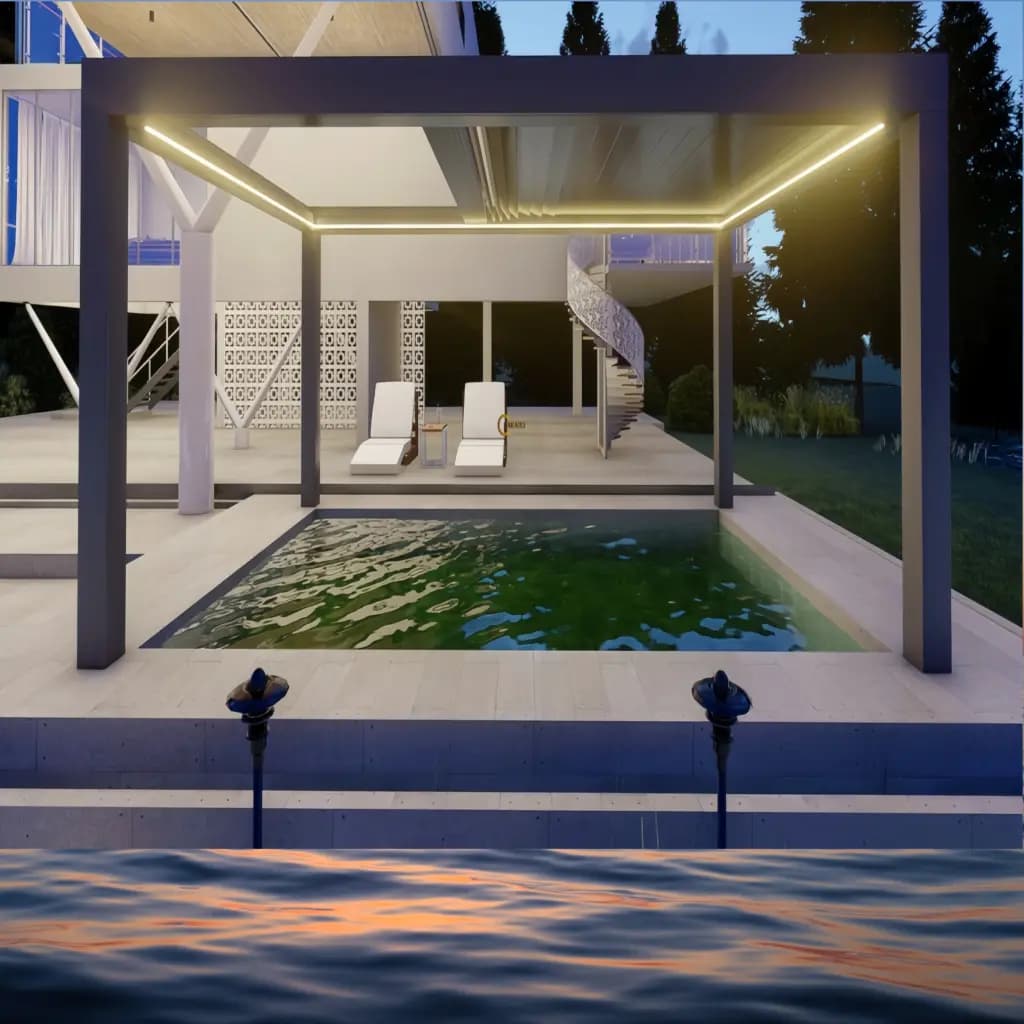 Modern motorised aluminium pergola with LED lighting situated over a patio and pool area.