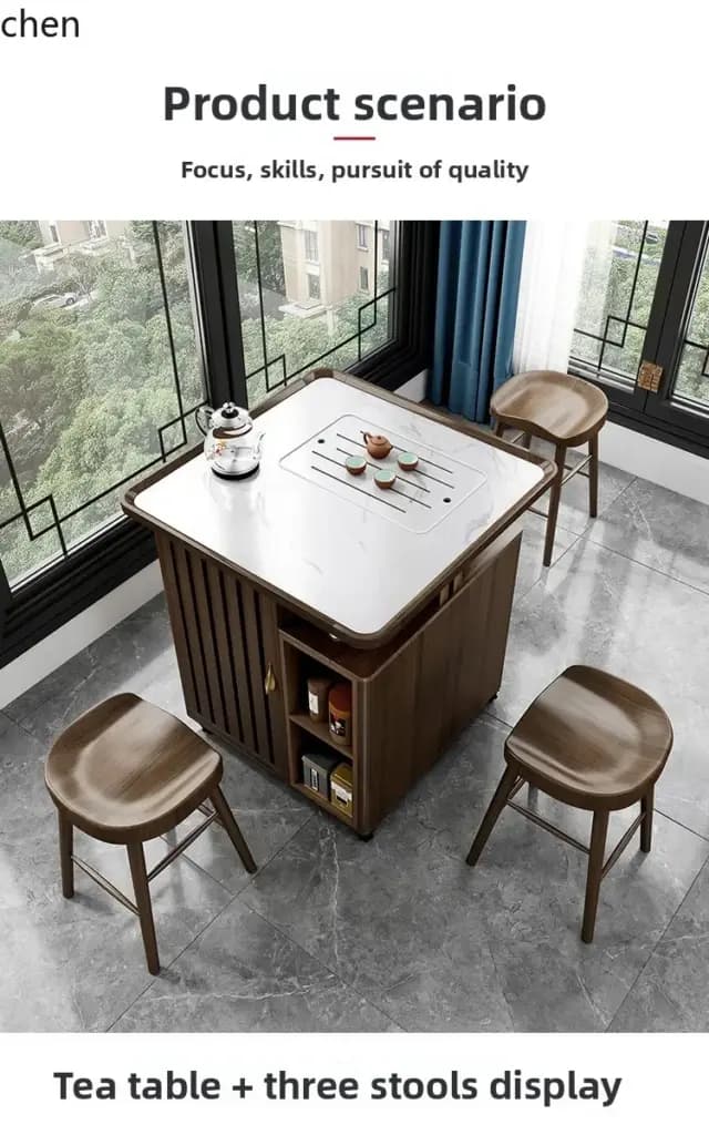 Modern Zen-style solid wood tea table with a white stone board top and three matching stools
