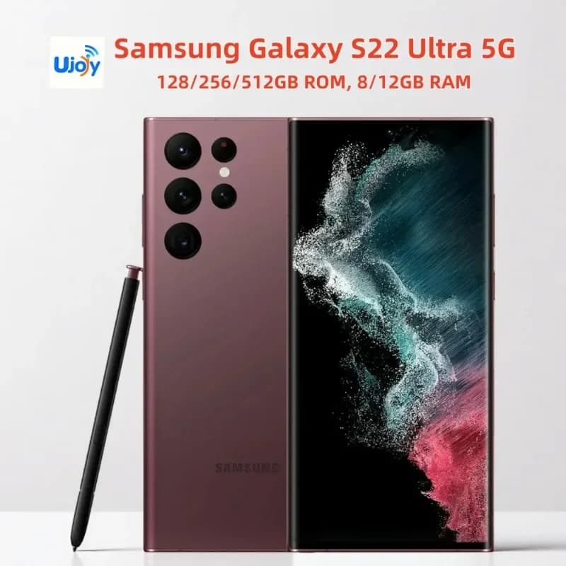 Samsung Galaxy S22 Ultra 5G in Burgundy showing the front display, rear cameras, and S Pen.