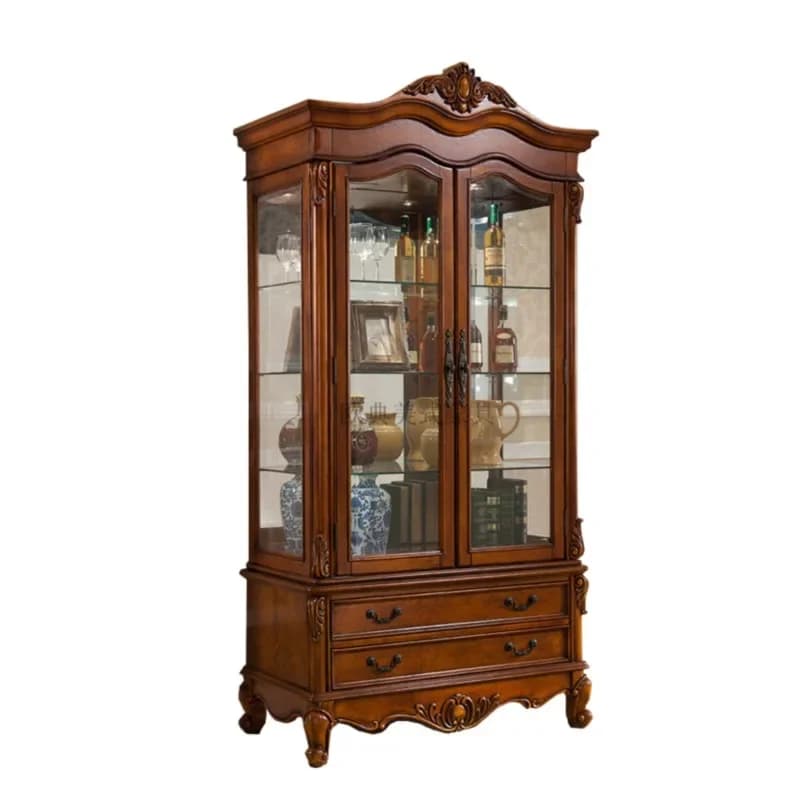 Classic brown solid wood wine cabinet with glass display doors and ornate carvings.