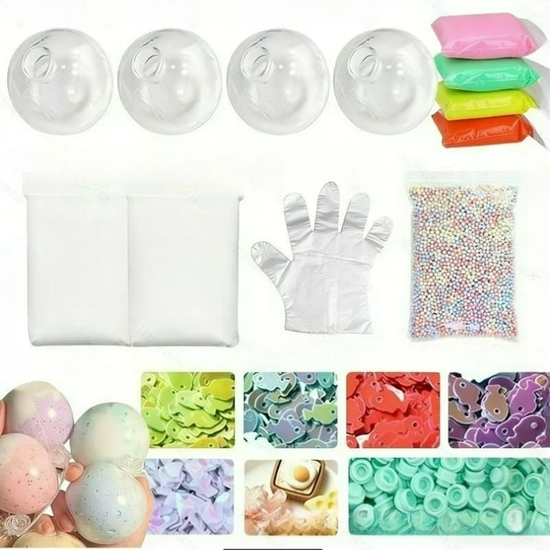 DIY vacuum squeeze ball kit with clear skins, foam beads, and colorful glitter fillers.