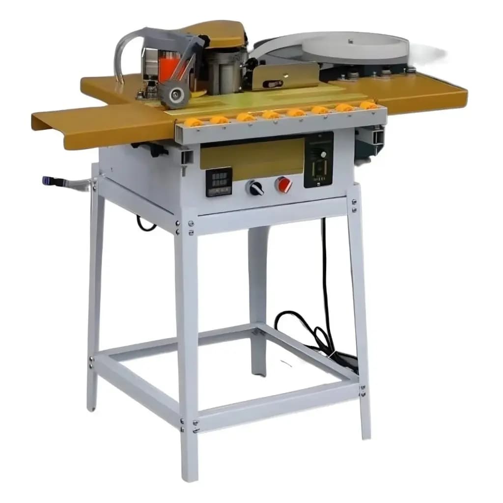 Industrial automatic edge banding machine with integrated saw table on a white frame.