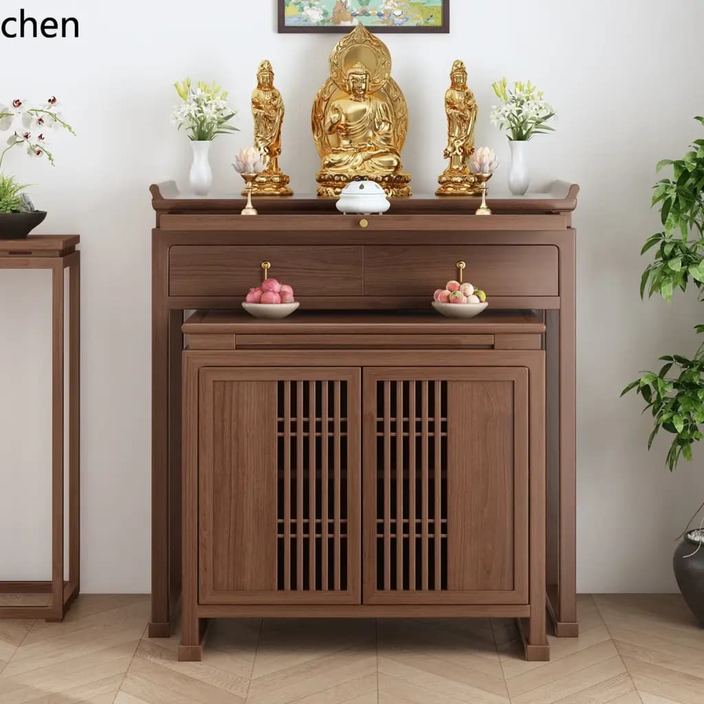 Handcrafted solid cherry wood altar table with intricate grain details.