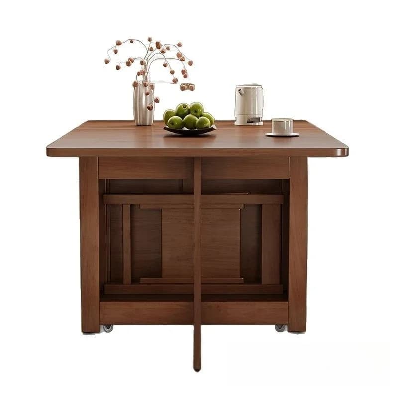 Modern brown solid wood folding dining table with wheels and integrated storage compartment.