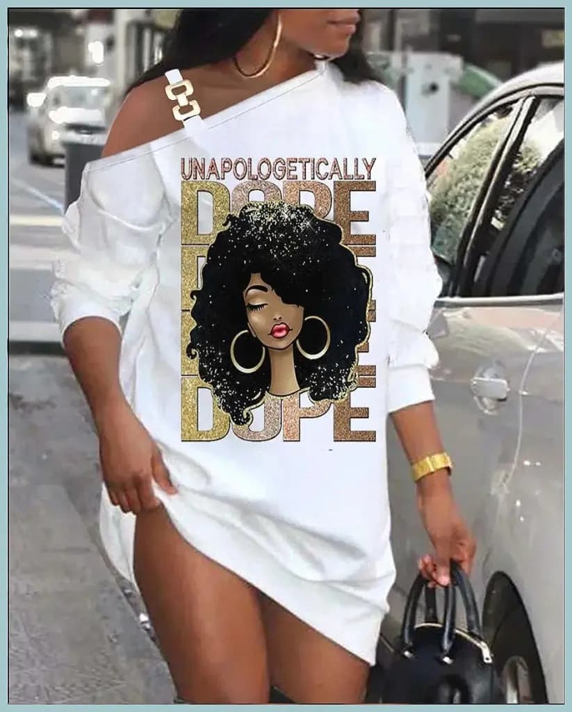 Woman wearing a white Unapologetically Dope printed mini dress with hollow-out shoulder detail.