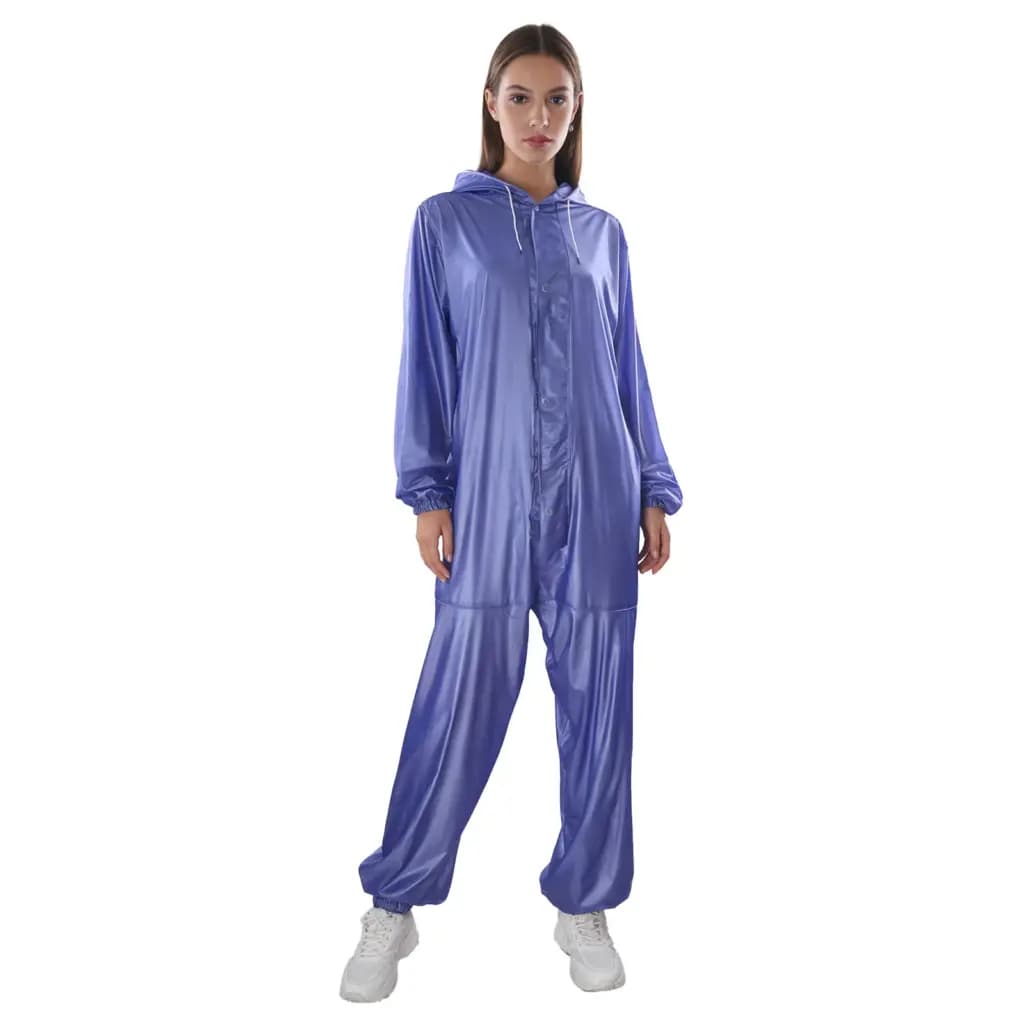 Women's blue one-piece waterproof hooded jumpsuit raincoat.