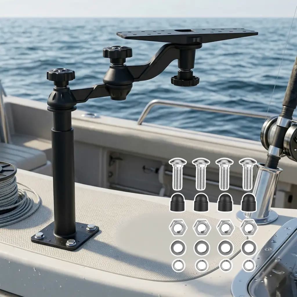 Heavy-duty telescoping fish finder mount installed on a boat deck with mounting hardware