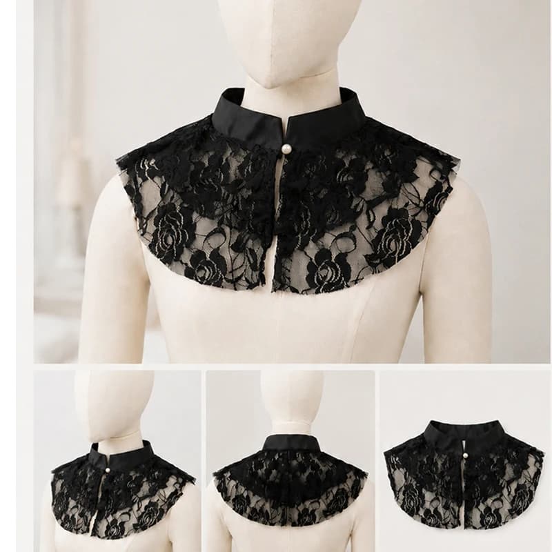 Black floral lace detachable stand collar accessory for women