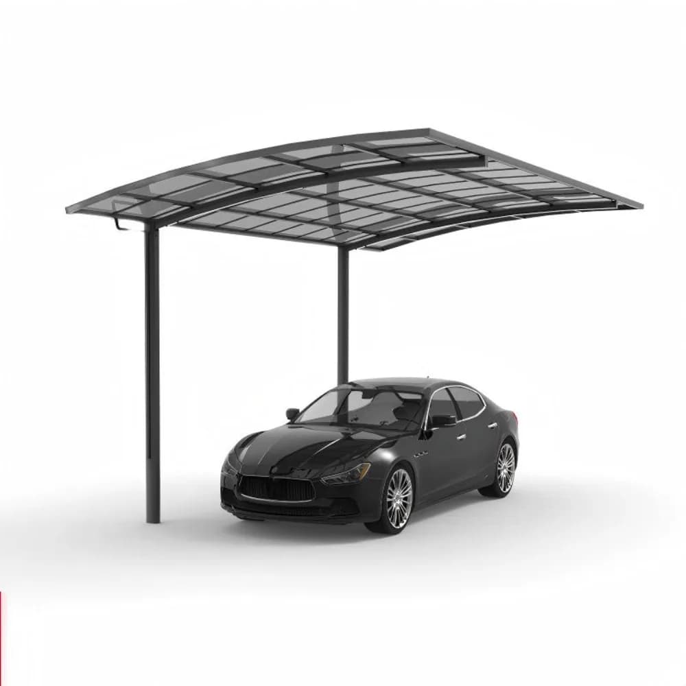 Modern black aluminum carport canopy shelter protecting a luxury sedan.