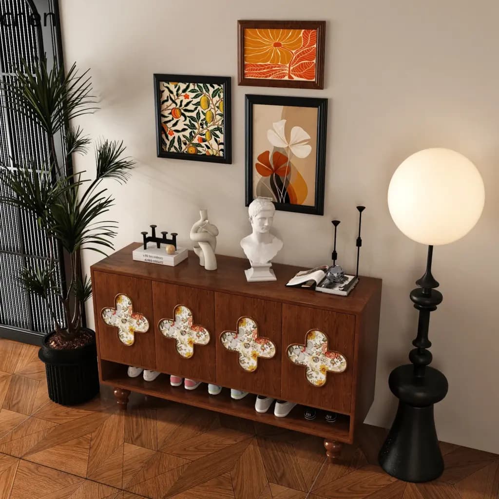 Solid wood storage cabinet with floral patterns and shoe storage shelf.