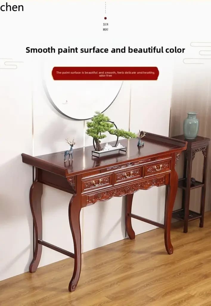 Elegant dark mahogany solid wood altar table with carved drawers and curved legs.