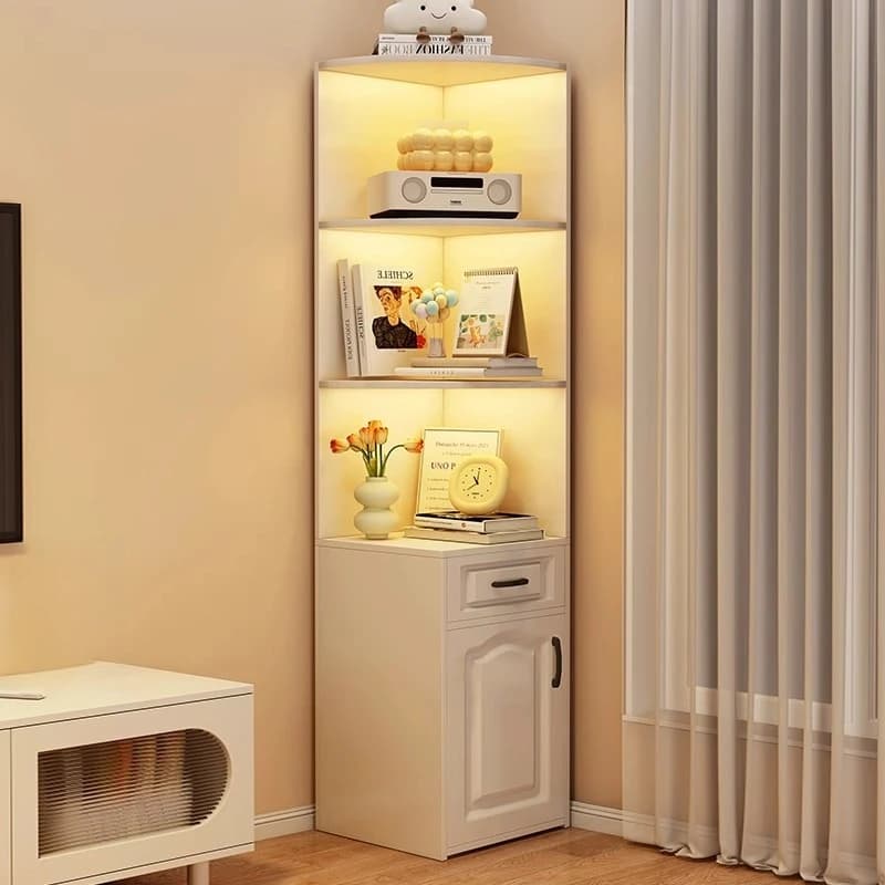 Cream-colored solid wood corner storage cabinet with open shelving and built-in accent lighting.