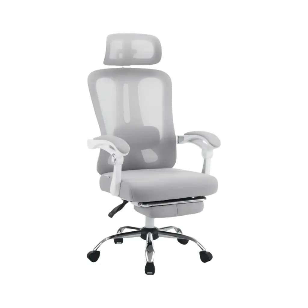 White and grey ergonomic mesh office chair with adjustable headrest and lumbar support.