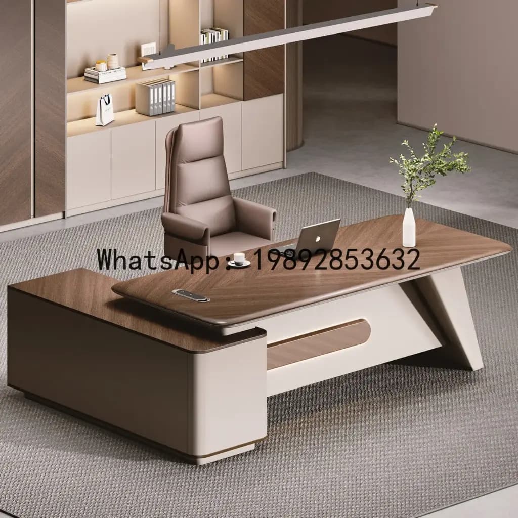 Modern wood and beige executive desk set with matching ergonomic chair and integrated storage.