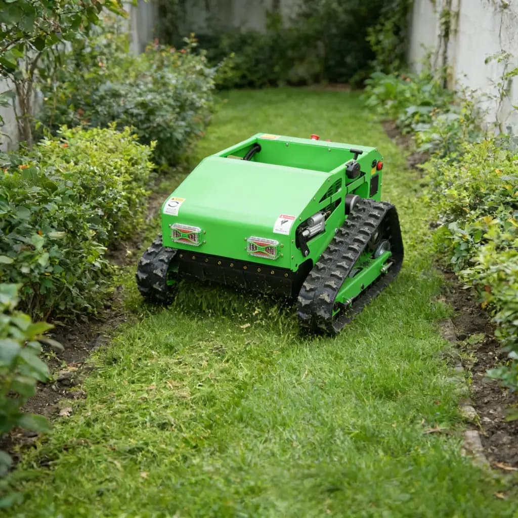 Green remote-controlled crawler lawn mower in a lush garden