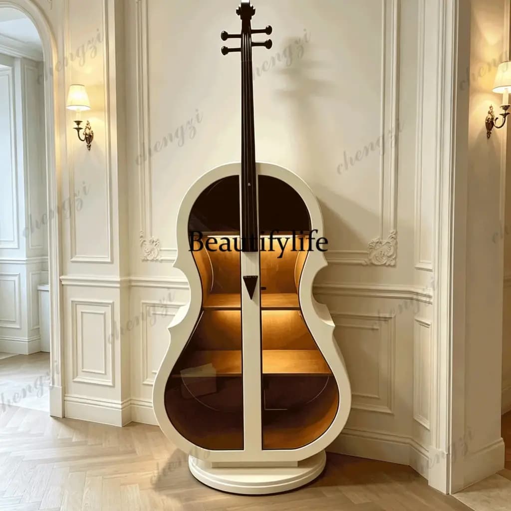 Elegant white cello-shaped display cabinet with glass doors and internal lighting in a luxury interior
