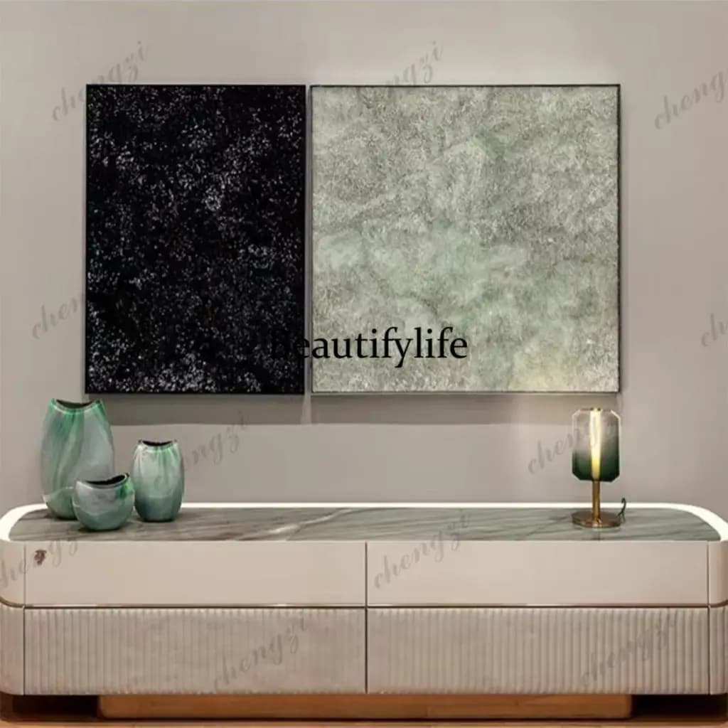 Modern white and grey natural marble top TV cabinet with textured drawers and gold accents.