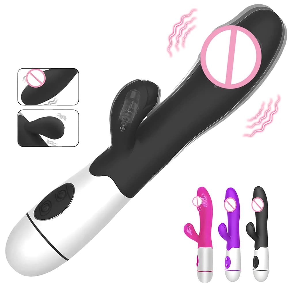 Sleek black and white rabbit vibrator featuring dual stimulators for internal and clitoral use.