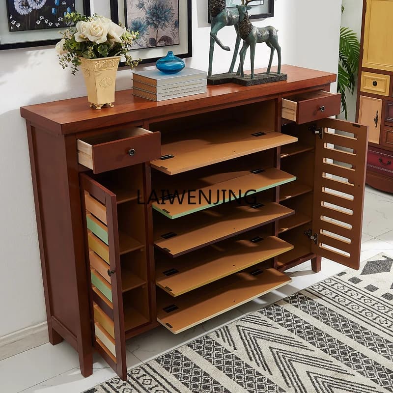 XL solid wood American country style shoe cabinet with open doors showing storage shelves.