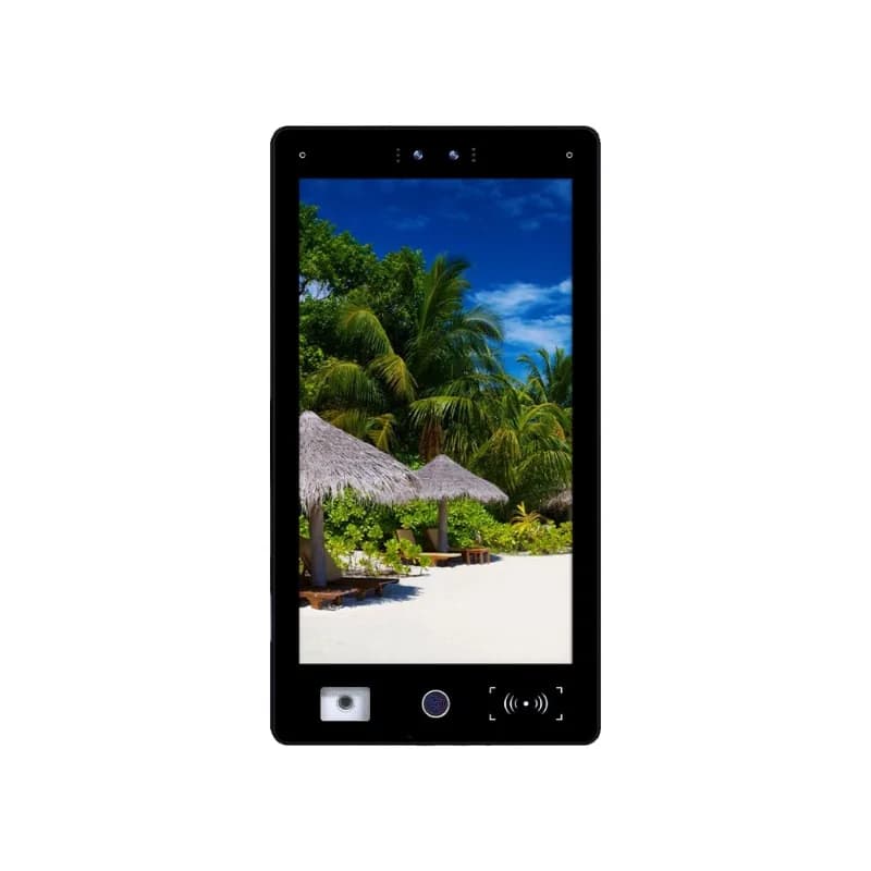 15.6 inch smart facial recognition access control and payment terminal display showing a tropical beach background.