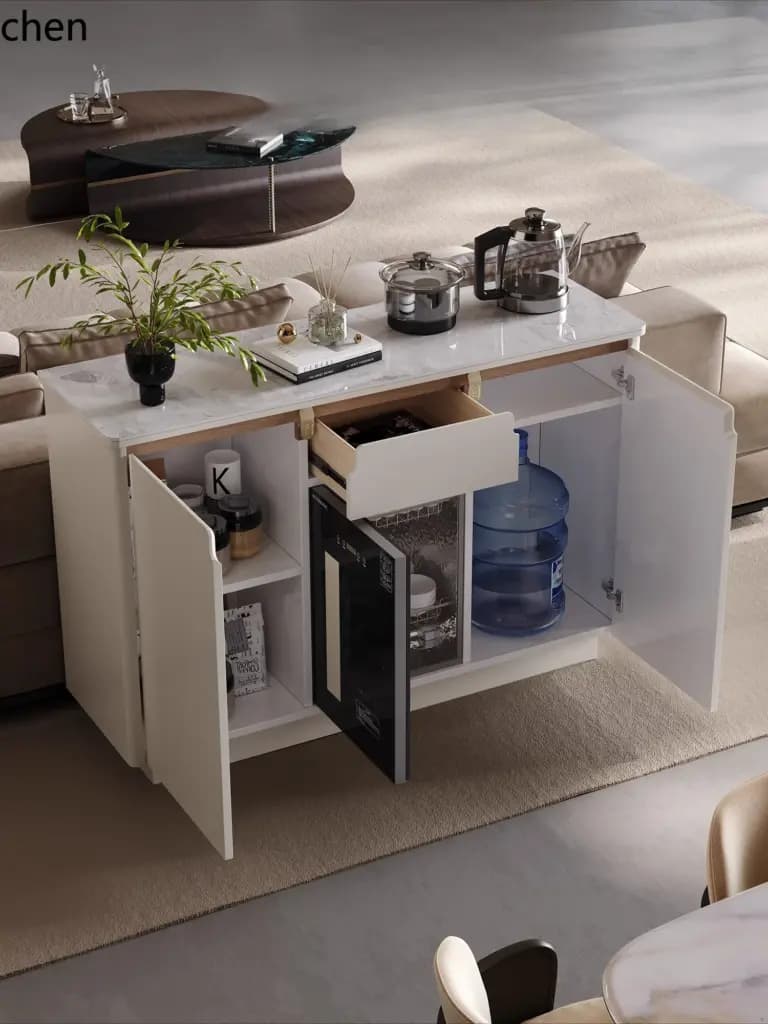Modern white and marble-topped solid wood tea bar cabinet with open doors showing internal storage.