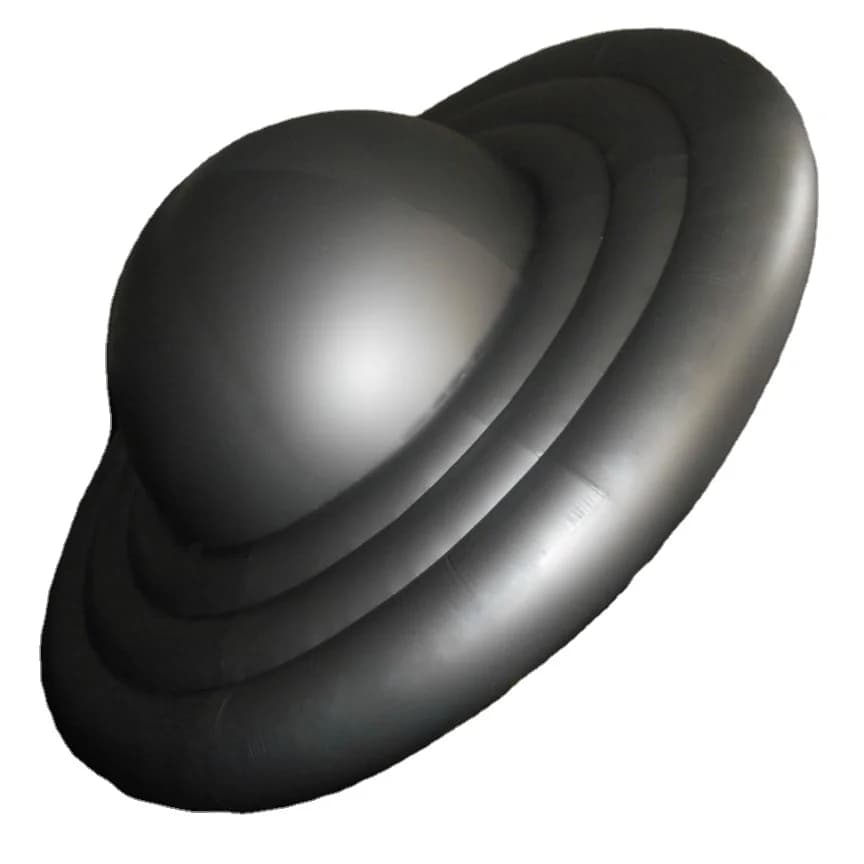 Large metallic gray UFO shaped inflatable balloon for event advertising.