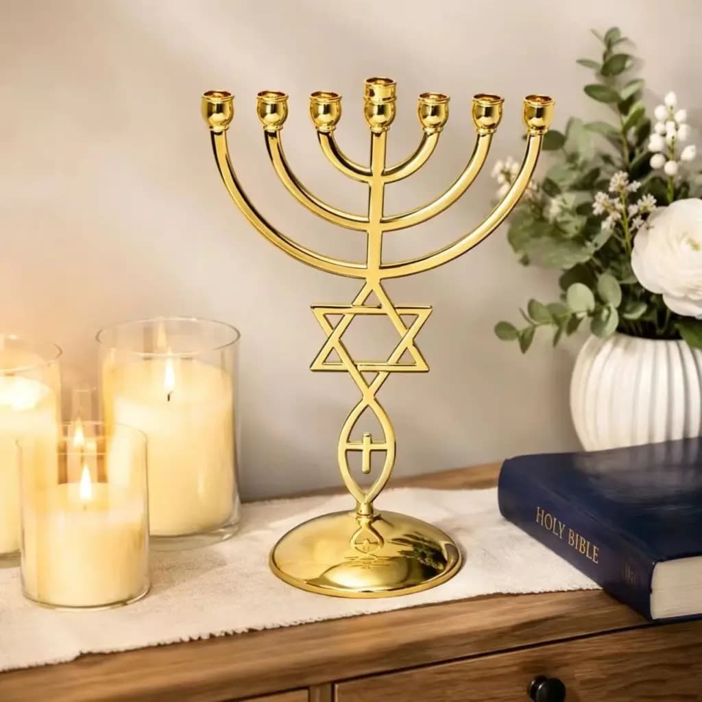 Elegant gold-tone seven-branch menorah with a Star of David design on a wooden table.