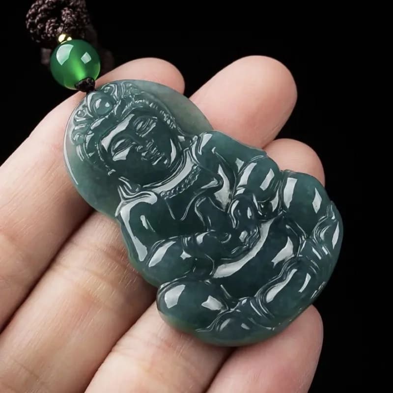 Authentic A-grade blue jade Guanyin Buddha pendant detail